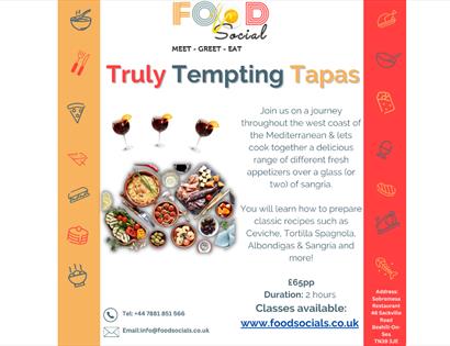 Poster for Truly Tempting Tapas. White background with tapas dishes and sangria glasses. The text is in the main description.