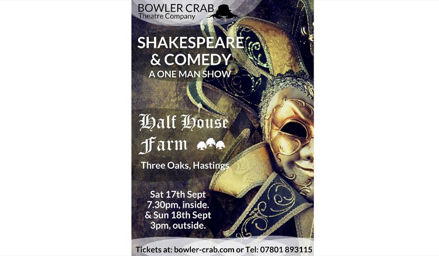 poster for shakespeare and comedy event at half house farm in hastings. shows a jester's mask.