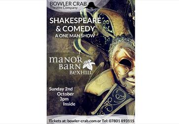 poster for shakespeare and comedy at manor barn bexhill. shows photograph of jesters mask.