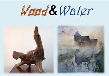poster featuring driftwood sculpture and watercolour of a church with title wood and water