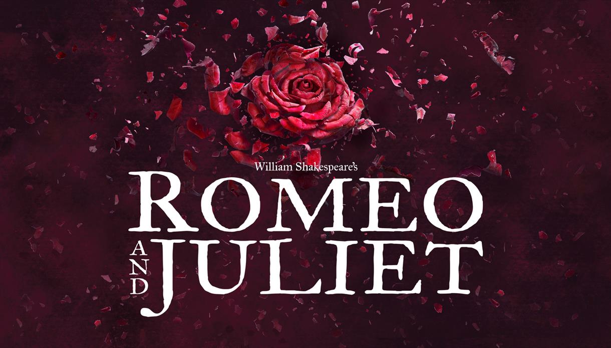 Poster dark red background with red rose in centre. Overlaid white text reads "Romeo & Juliet".