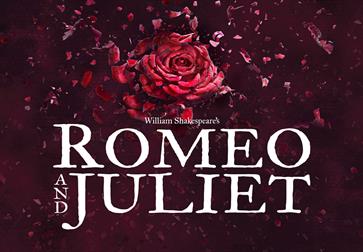 Poster dark red background with red rose in centre. Overlaid white text reads "Romeo & Juliet".