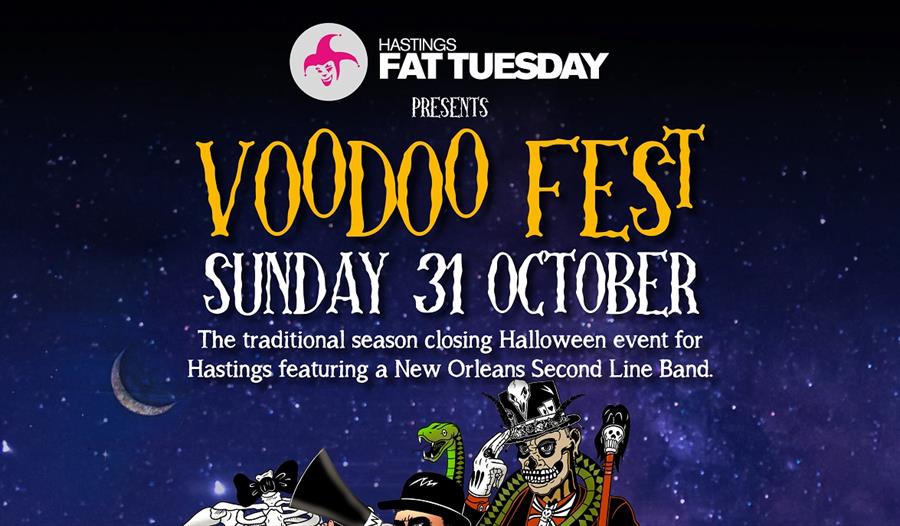 a post with a night sky background for Voodoo Fest. Bottom shows a cartoon skeleton in a hat.