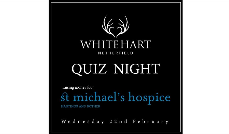 white hart inn poster, black background whit white text saying 'White Hart Quiz Night'.