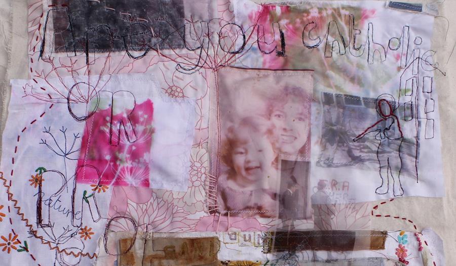 textile collage piece with embroidery, photographs and ink