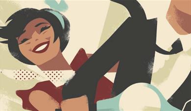 Drawing of man and woman on a scooter