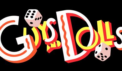 A poster with the Guys & Dolls logo on a black background