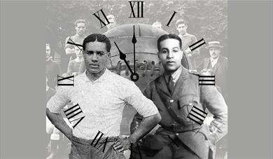 Two black men in a black and white photo, with an image of a clock over the top.