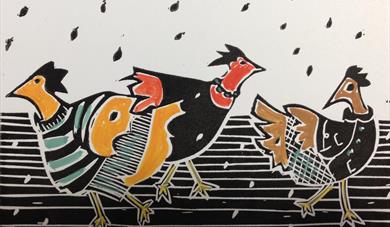 Linoprint of three french hens