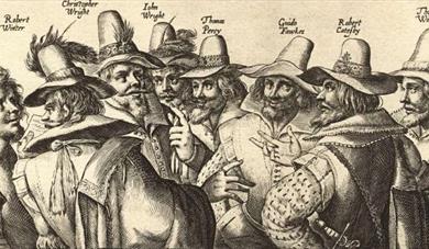 Image shows a drawing of all the men involved in The Gunpowder Plot, including Guy Fawkes