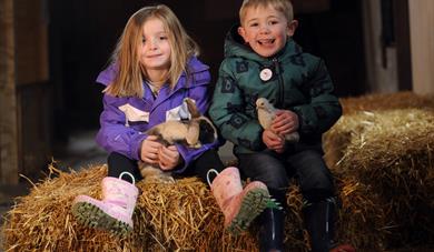 Children sitting on a hay bale