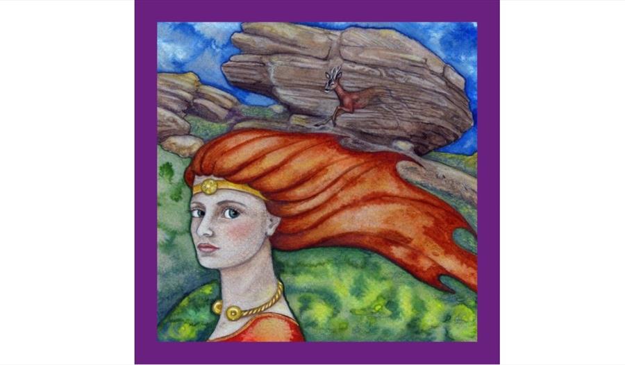 Illustration of a lady with bright orange hair and folklore costume