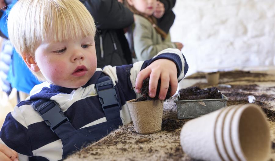 A small child fills a pot with compost