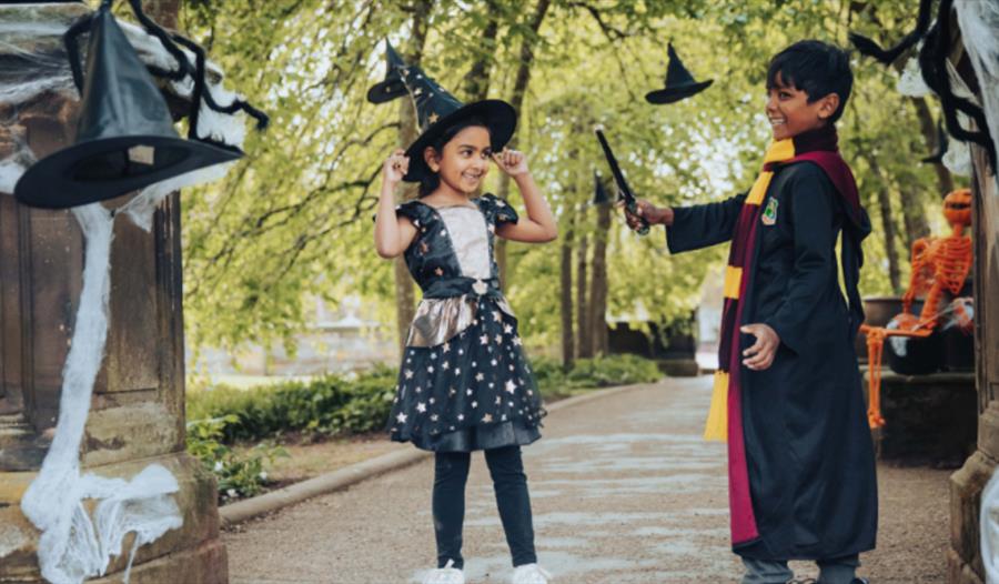 Kids wearing witches' hats and Harry Potter costumes play in the gardens at Trentham