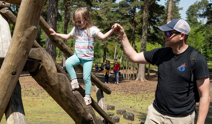 Child on climbing frame with dad holding her hand.