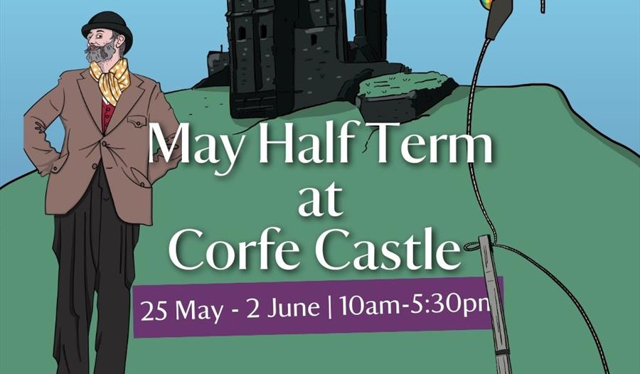 Corfe castle cartoon with silhouette of the castle, Storyteller and trebuchet