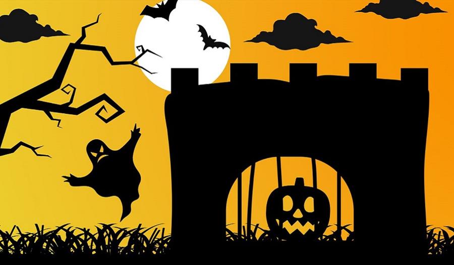 durham castle halloween spooky cartoon image in black and orange