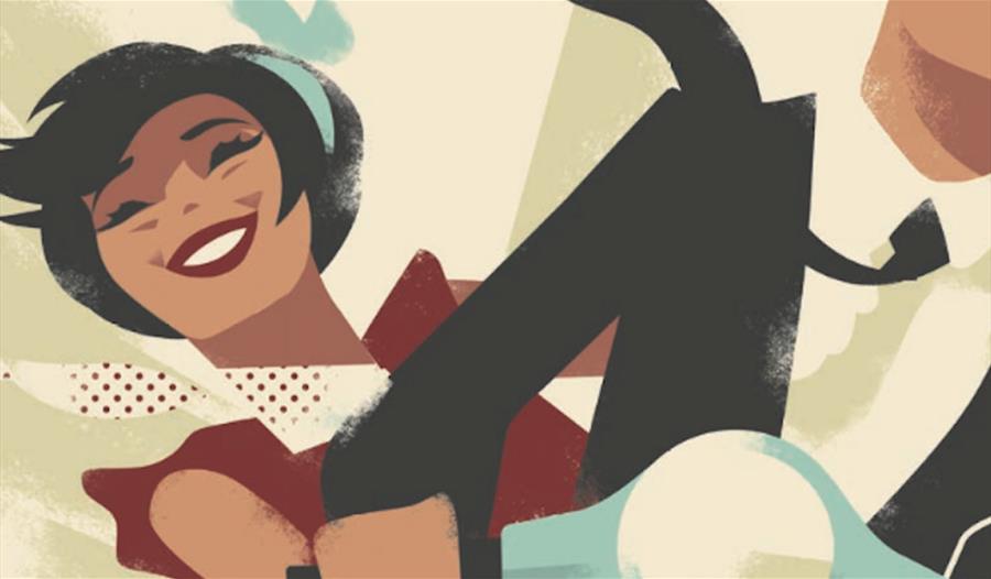 Drawing of man and woman on a scooter