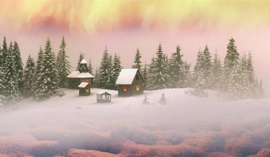 painting of houses in the snow
