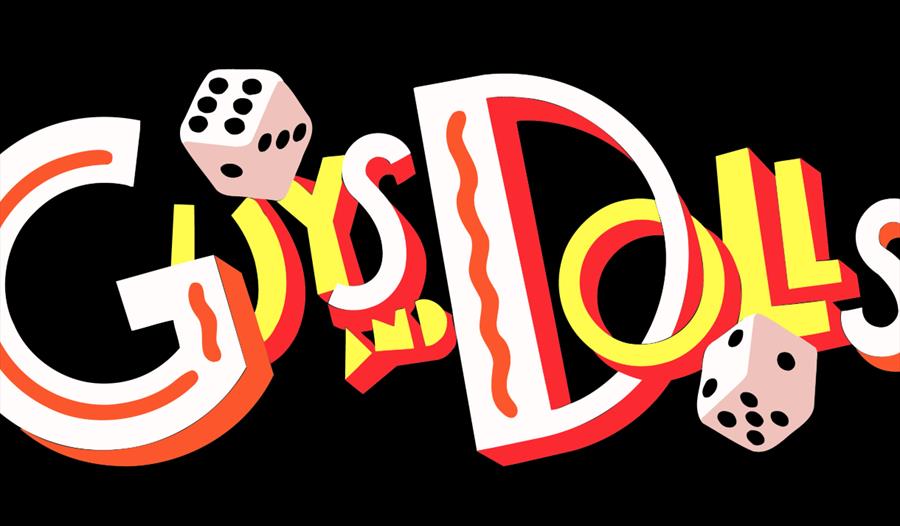 A poster with the Guys & Dolls logo on a black background