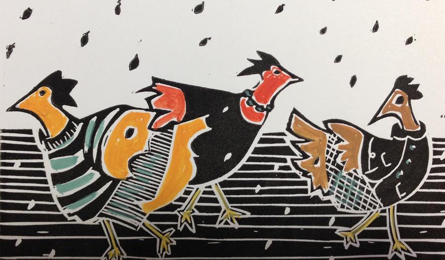 Linoprint of three french hens