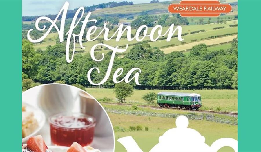 Weardale Railway 'bubble car'. White text of 'Afternoon Tea. Scones with jam and strawberries. White teapot graphic.