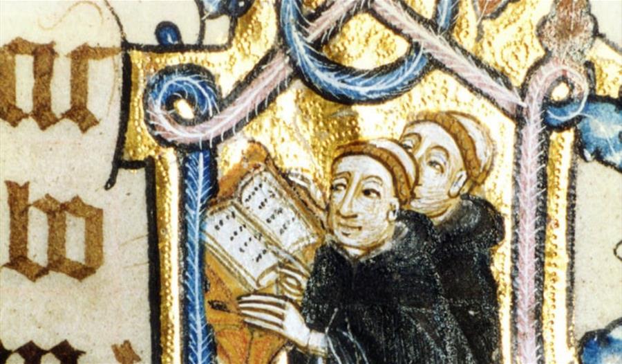 An ancient tapestry featuring artworks of monks