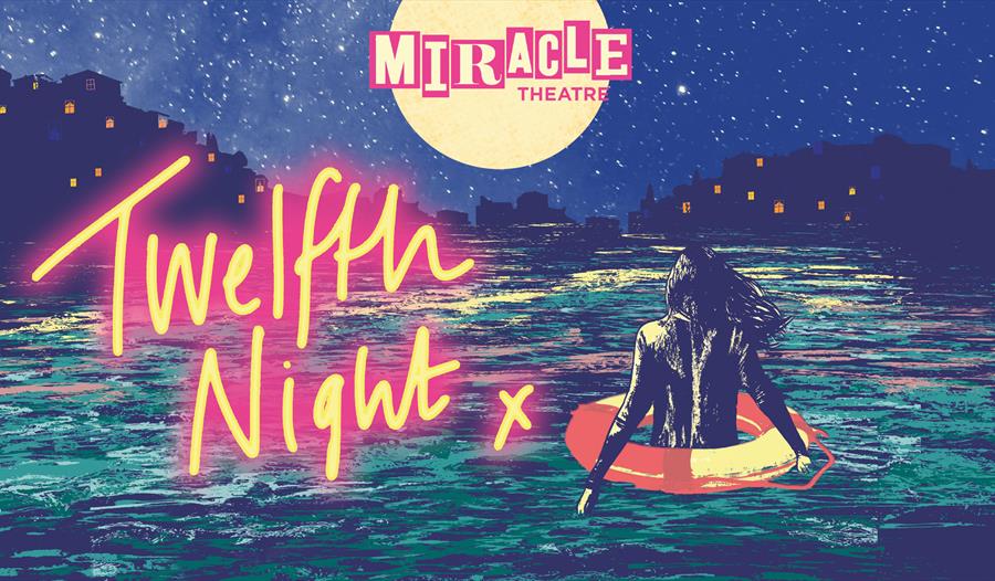 A woman is shown walking in to the sea wearing a life bouy. A pink Neon sign reads Twelfth Night