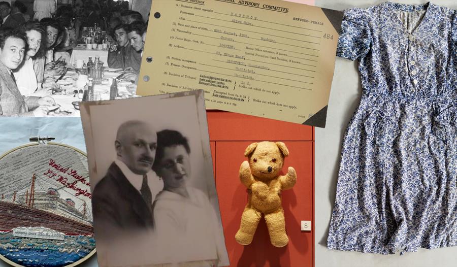 A collection of articles from the holocaust including a blue dress, teddy bear, photographs and documentation.