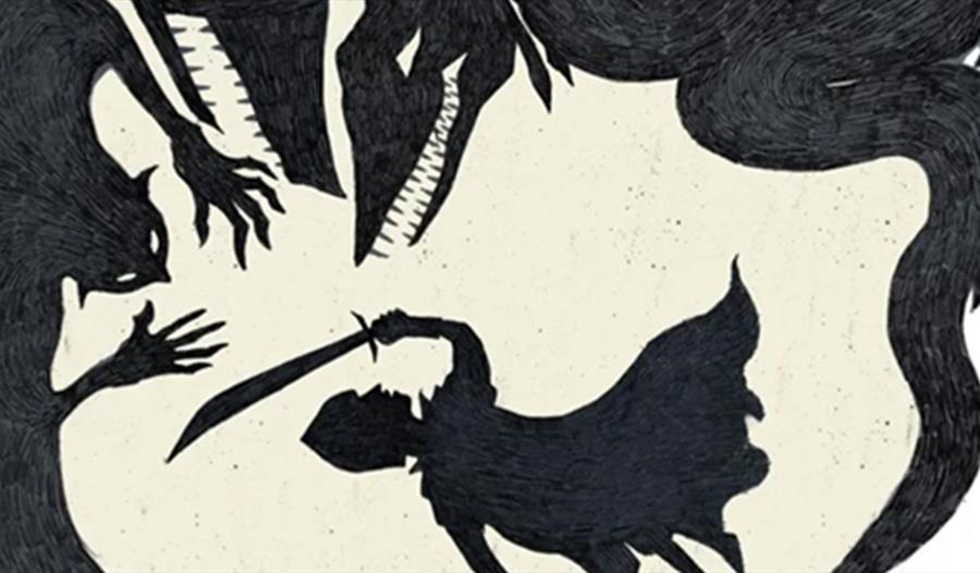Artwork relating to beasts and legends on display at Palace Green Library. Silhouette of knights and dragons.