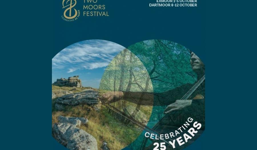 The Two Moors Festival 2025 poster. Overlapping circles show a rocky landscape and a wooded area with violinist's hands.