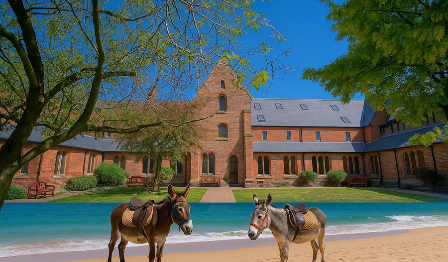 Photoshop of Gorton Monastery and a seaside with donkeys