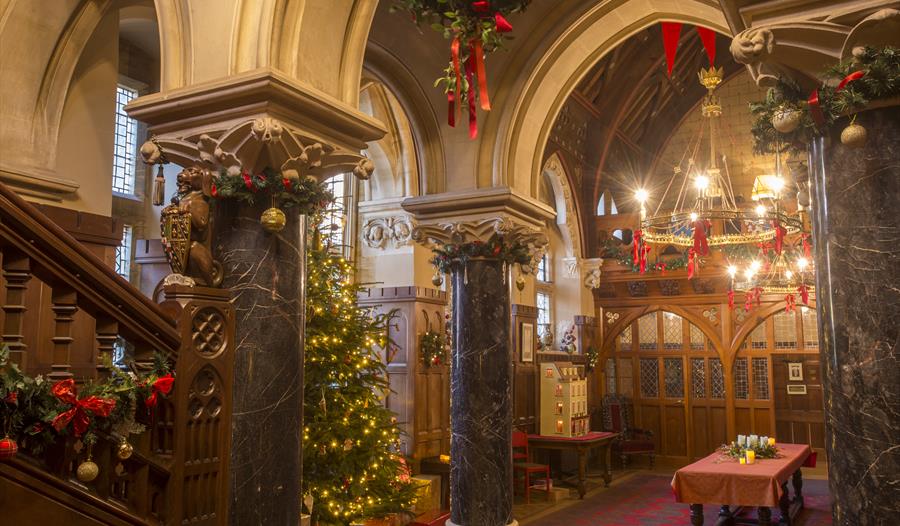 The Great Hall decorated with traditional Christmas decorations