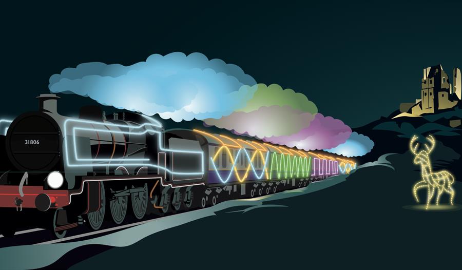 Cartoon image of a steam train with christmas lights on and lights in shape of a reindeer. Cartoon image of a castle in the background all lit up.