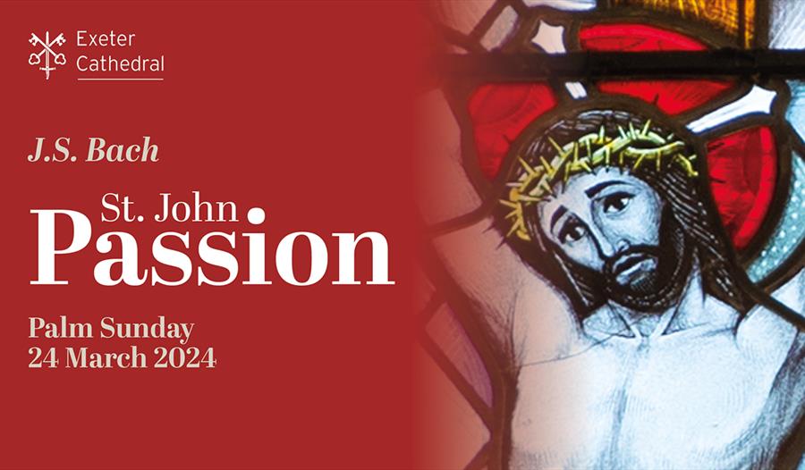 Depiction of the crucifixion of Jesus in a stained glass window, accompanied by text which reads " J.S. Bach, St John Passion, Palm Sunday 24 March 20