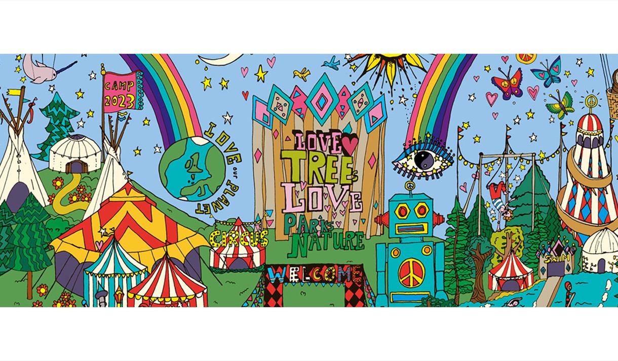 Graphic illustration of the Camp Bestival family festival event