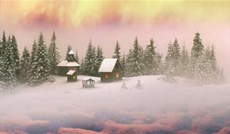 painting of houses in the snow