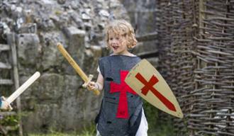 A young child dressed as a Medieval knight holding a toy sword