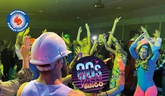 80's Disco Bingo promo image featuring people dressed in 80's costume dancing
