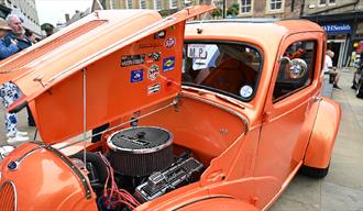 Classic car displayed in Durham Market Place