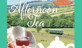 Weardale Railway 'bubble car'. White text of 'Afternoon Tea. Scones with jam and strawberries. White teapot graphic.