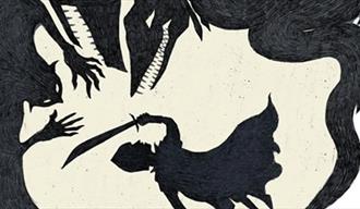 Artwork relating to beasts and legends on display at Palace Green Library. Silhouette of knights and dragons.
