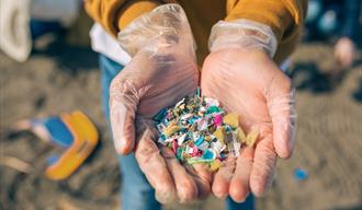 Hands in clear gloves holding a pile of colorful microplastics on a sandy beach. The image conveys environmental concerns and pollution cleanup effort