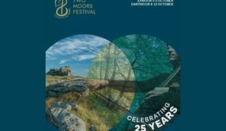 The Two Moors Festival 2025 poster. Overlapping circles show a rocky landscape and a wooded area with violinist's hands.