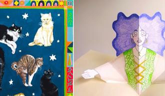 A pop-up paper figure of a woman with purple hair next to a painting of several cats.