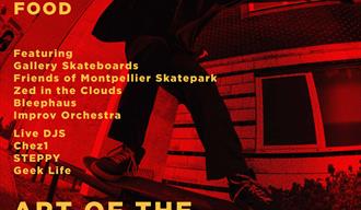 Dark red arty photograph of a silhouette of a skateboarder