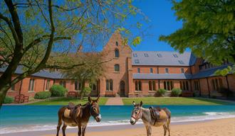 Photoshop of Gorton Monastery and a seaside with donkeys