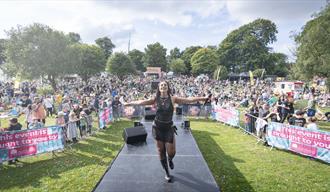 Image from a previous Ashfield Show showing a performer on stage with a large crowd behind them.
