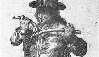 An 18th century woodcut of a man wearing a tricorn hat and holding a forked stick out in front of his body.