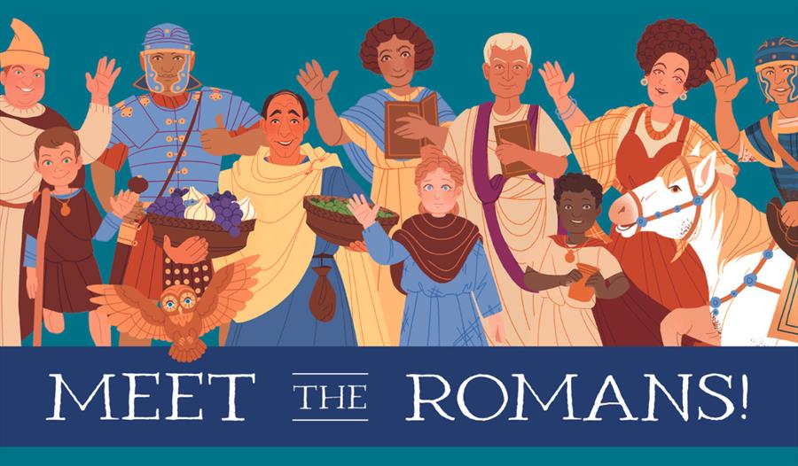 A poster advertising a 'Meet the Romans' trail at The Roman Baths